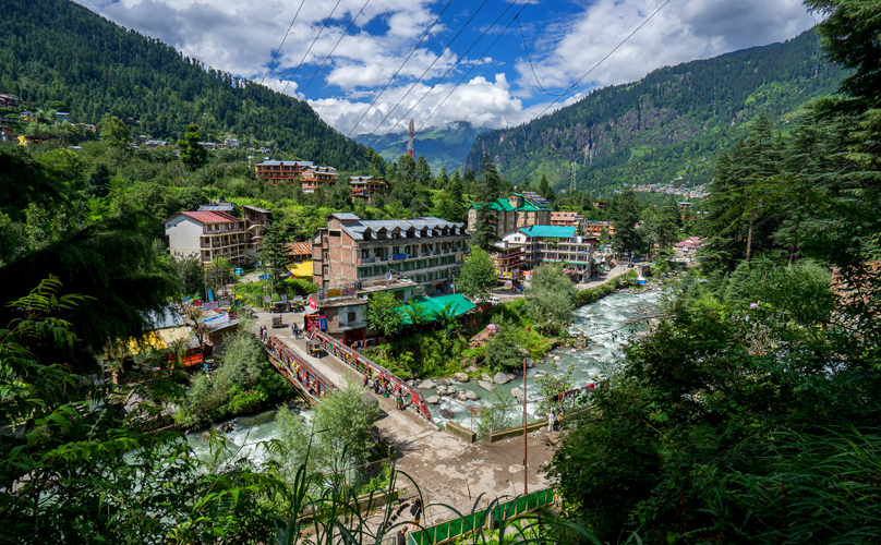 Aerial of a small bridge in Manali 