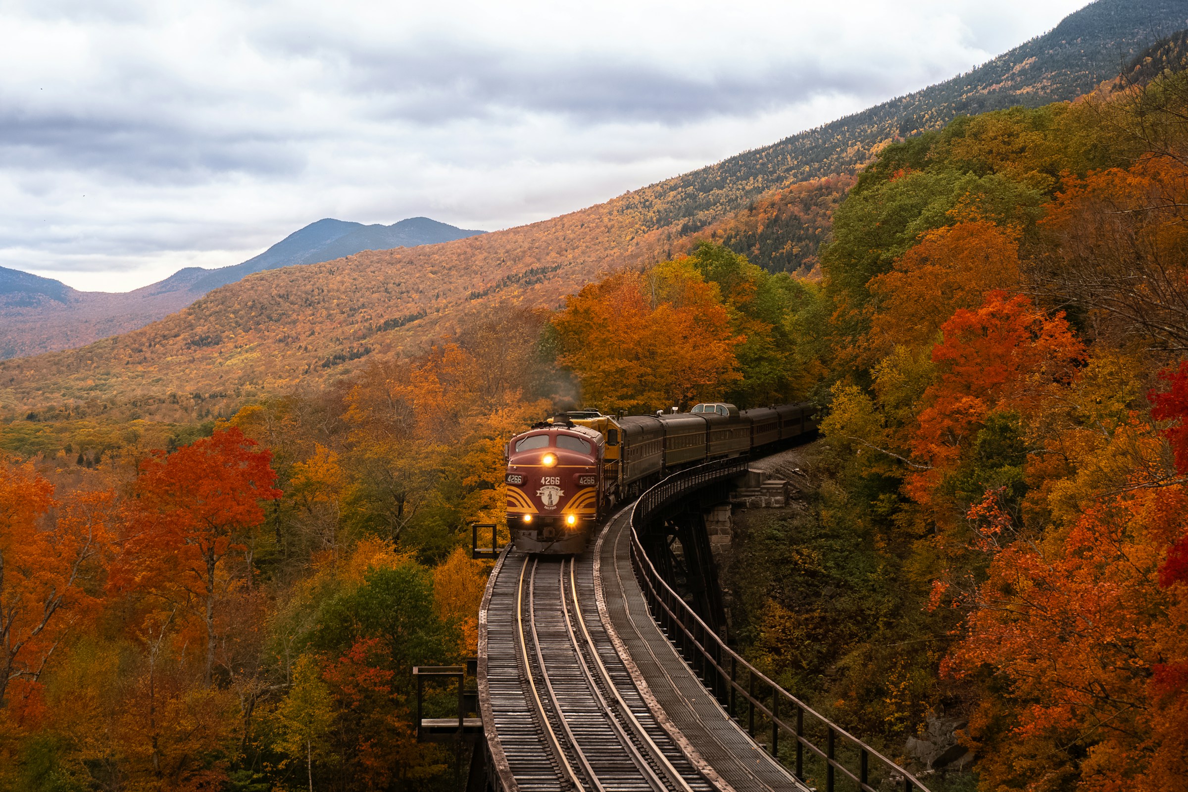 A scenic train traveling through picturesque landscapes with mountains and greenery