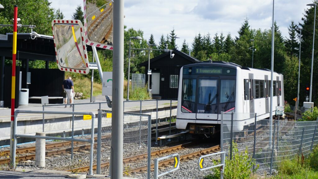 The Bergen Railway train stopped at a station in Norway, surrounded by green trees